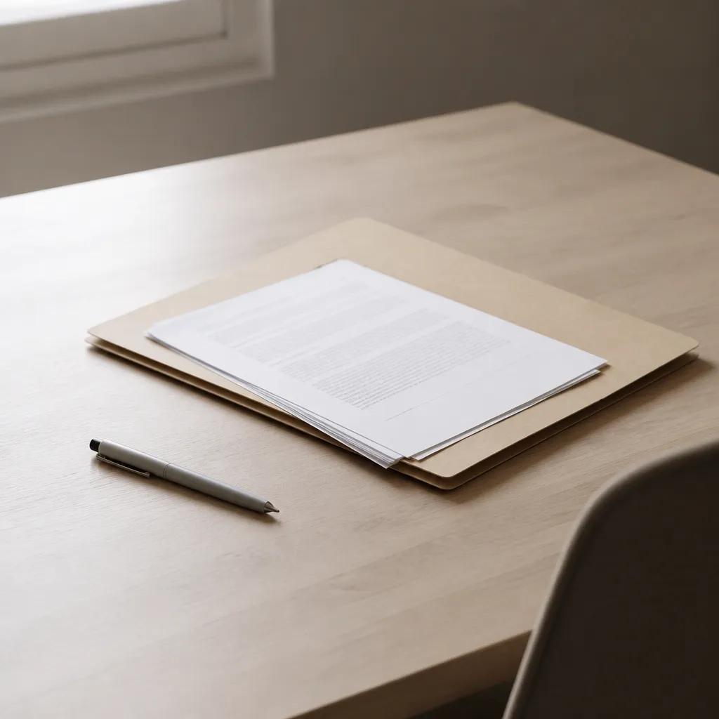 Dossier de contrat obsèques posé sur un bureau avec un stylo, sans visage identifiable