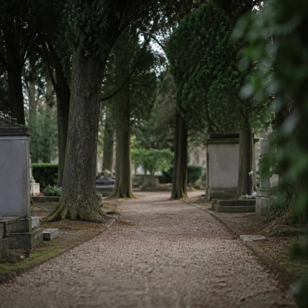Allée arborée et calme d’un cimetière, sans monument identifiable