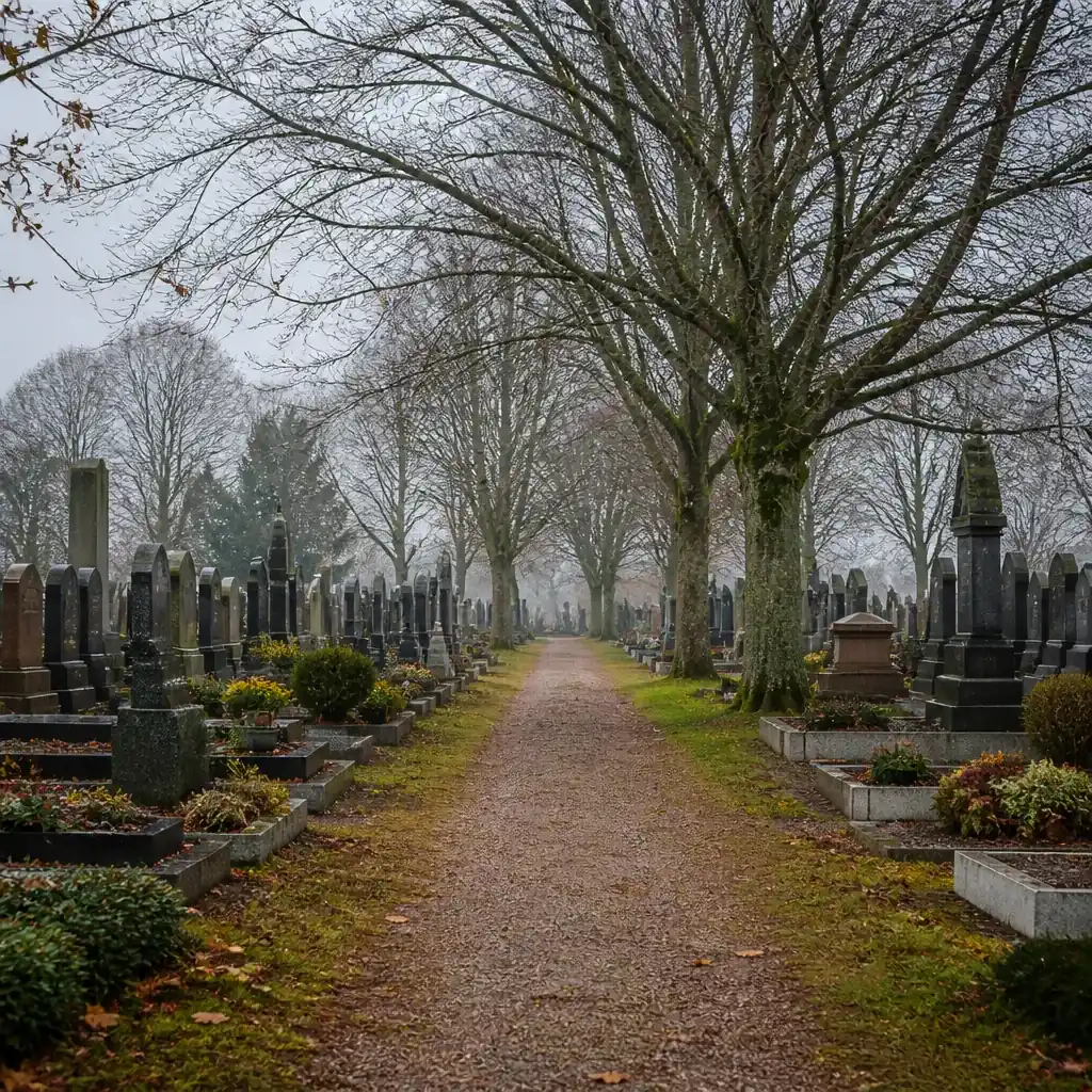 Allée de cimetière en Alsace bordée d’arbres nus