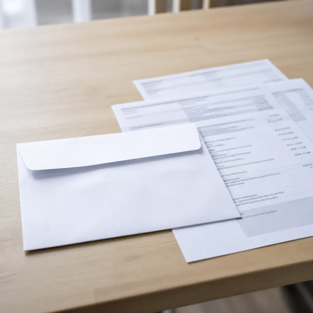 Enveloppe administrative et documents financiers posés sur une table