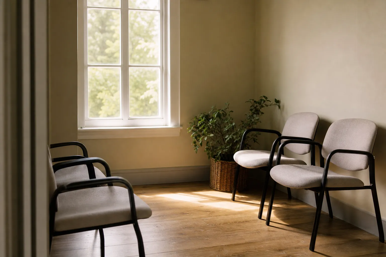 Salle d’attente sobre avec des sièges vides, ambiance calme