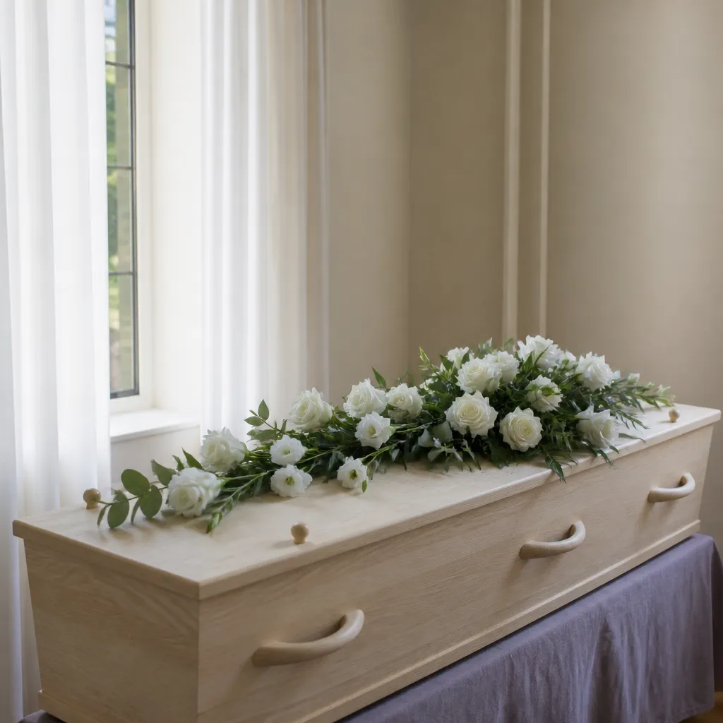 Cercueil clair recouvert de fleurs blanches sobres dans une chambre funéraire