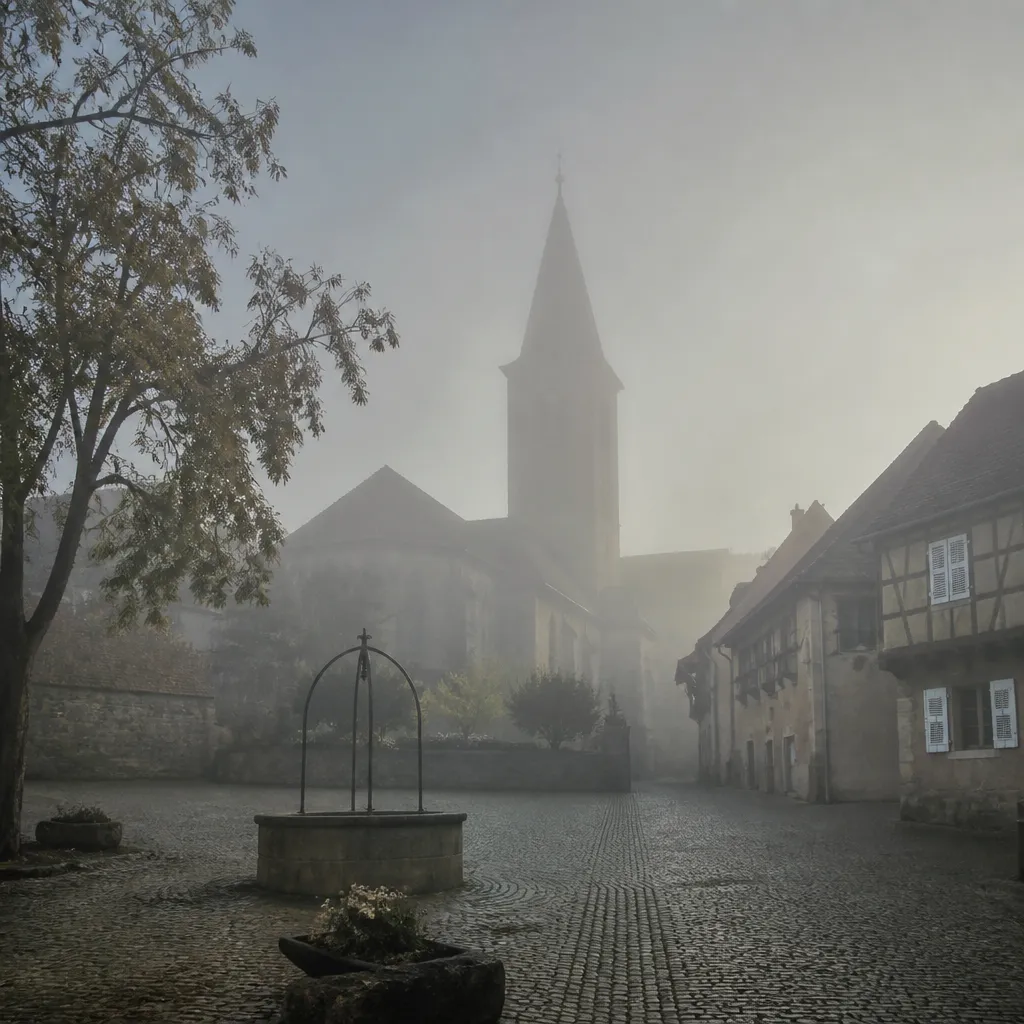Place d’église de village dans une légère brume matinale