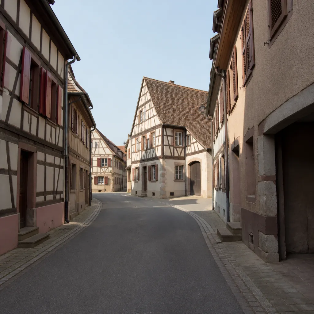Rue calme d’un village alsacien, colombages discrets