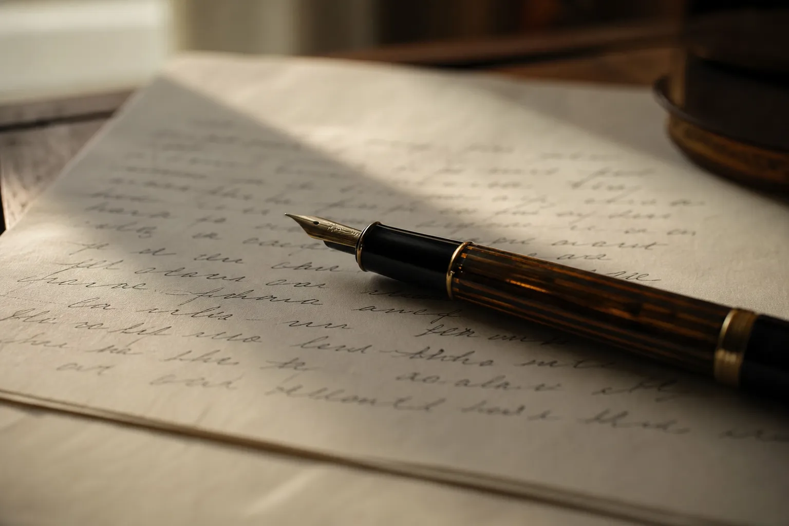 Stylo posé sur une feuille de papier manuscrite, ambiance intime